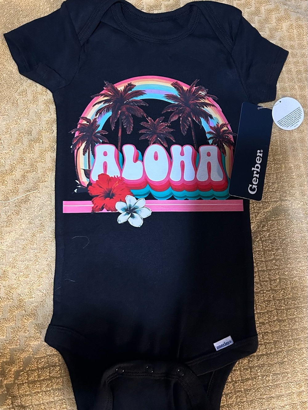 New!! Gerber Black Baby Onesie with 'Aloha' Tropical Graphic Size 18 months
